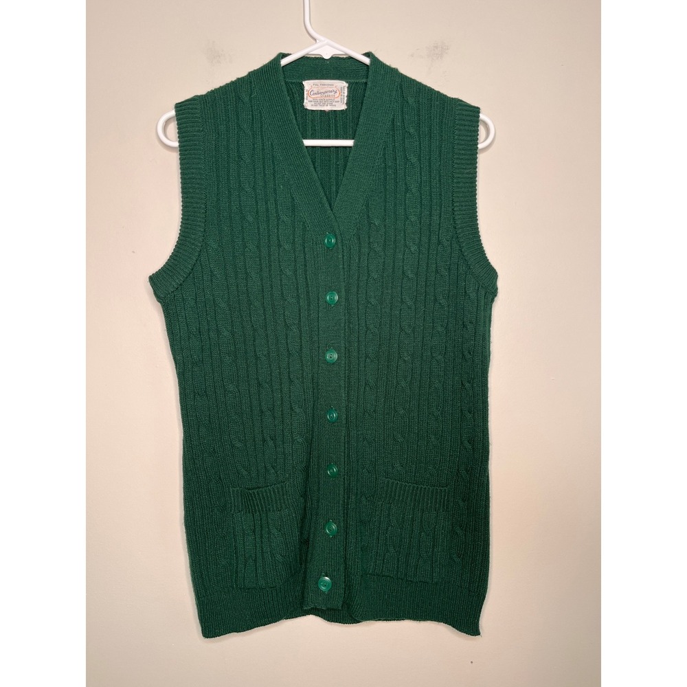 1960s Thick Ribbed Spruce Green Academic Grandpa Rockabilly Twee Sweater Vest M